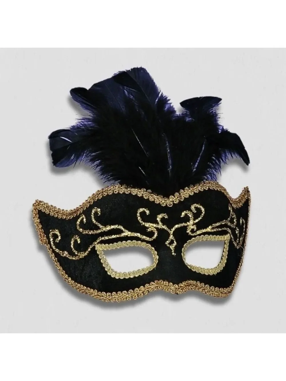 Masquerade Mask Black and Gold Embroidery Feathers OS